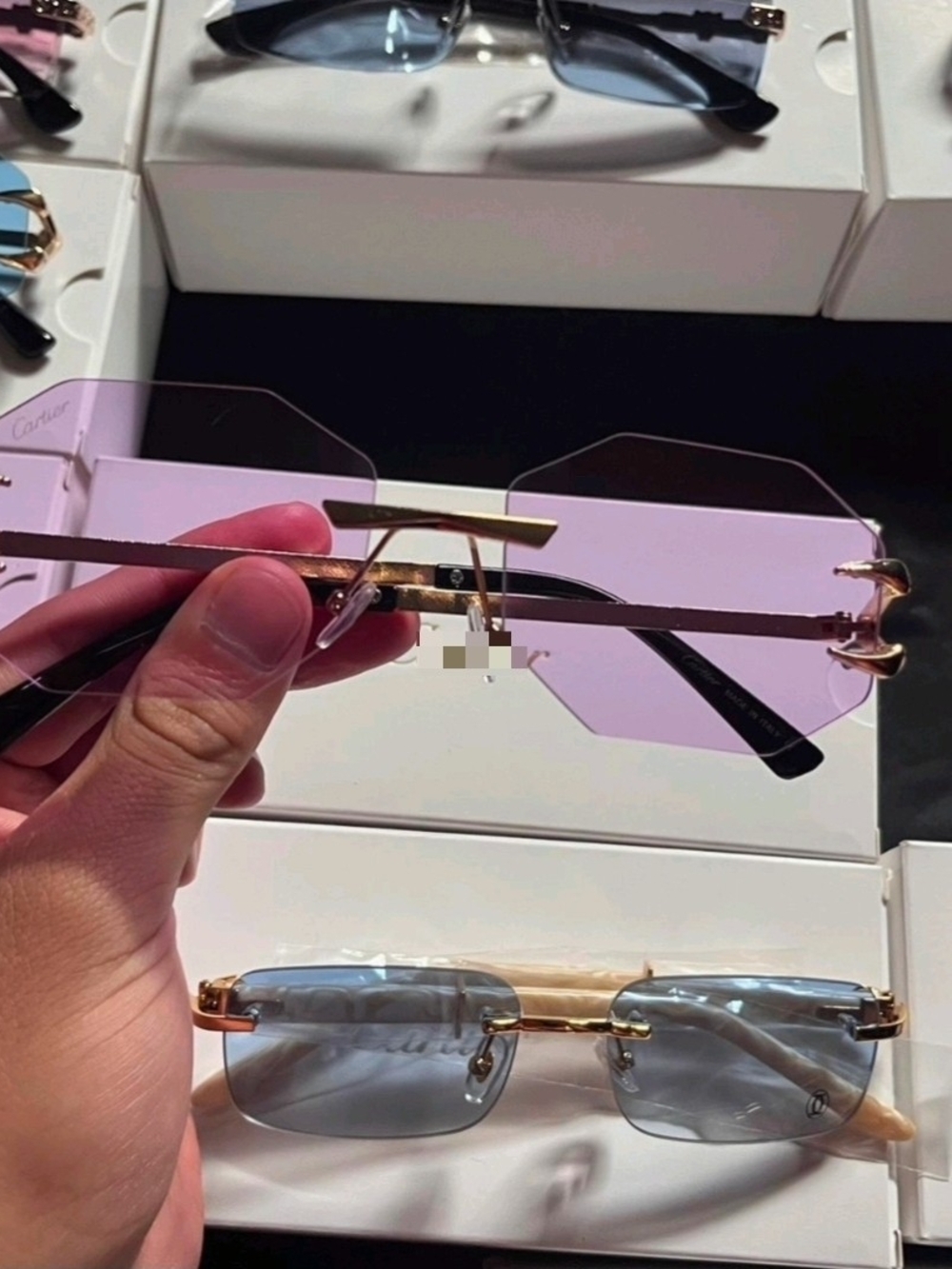Rimless Sunglasses with Pink Gradient Lenses and Gold Accents